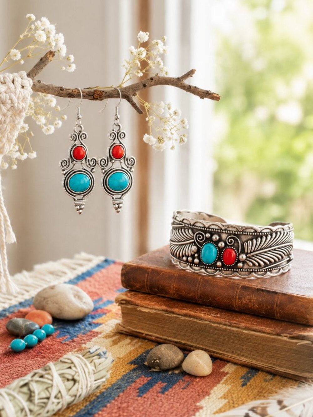 Silver Cuff Bracelet Earrings Set Turquoise Red Coral Southwestern Boho Filigree - Picture 15 of 15